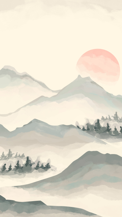 水彩画风格远山松树唯美背景