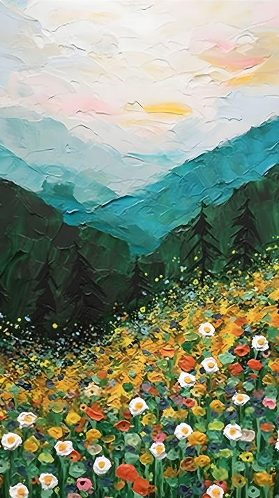 开满野花的草地青青远山油画风背景