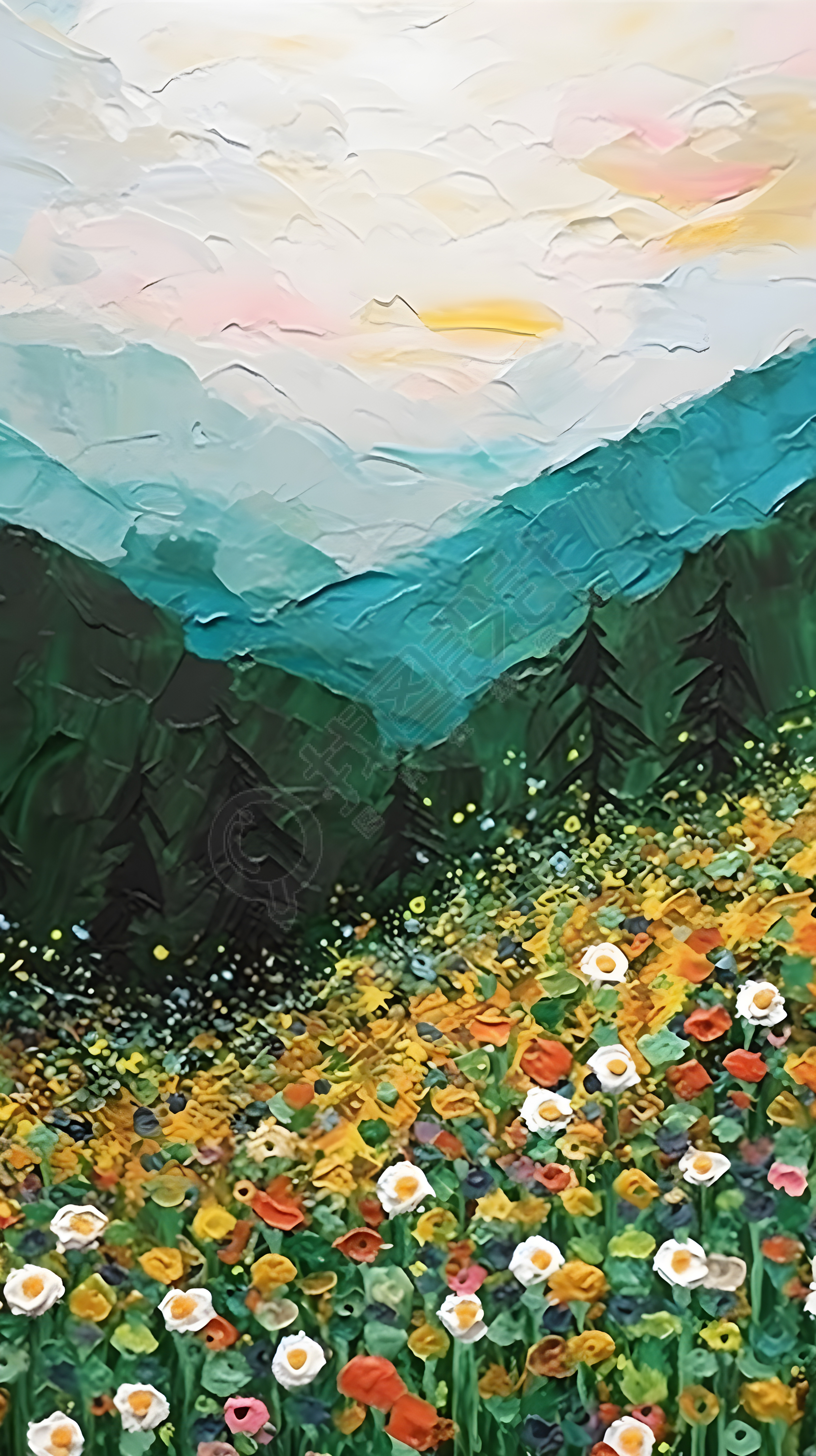 开满野花的草地青青远山油画风背景