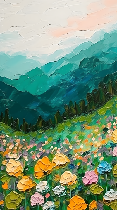 手绘远山鲜花近景风光背景