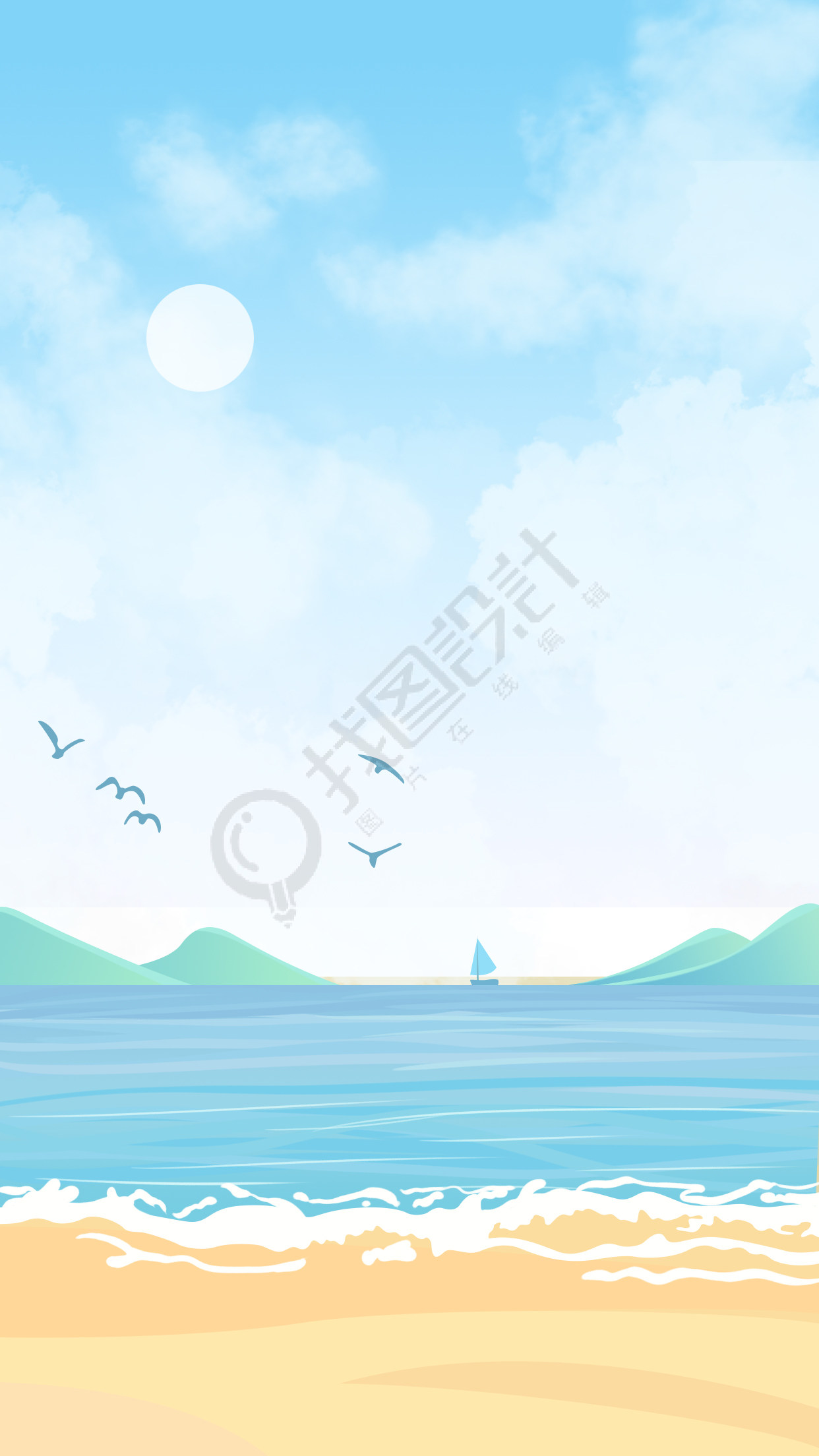 夏日海边飞翔的海鸥美丽沙滩背景