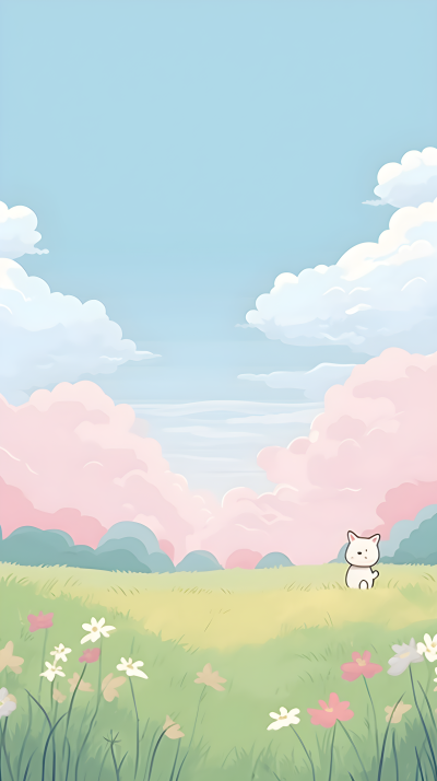 可爱猫猫蓝天白云卡通风格背景