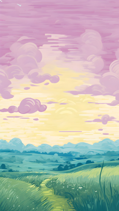 手绘紫色天空云朵清新草地背景