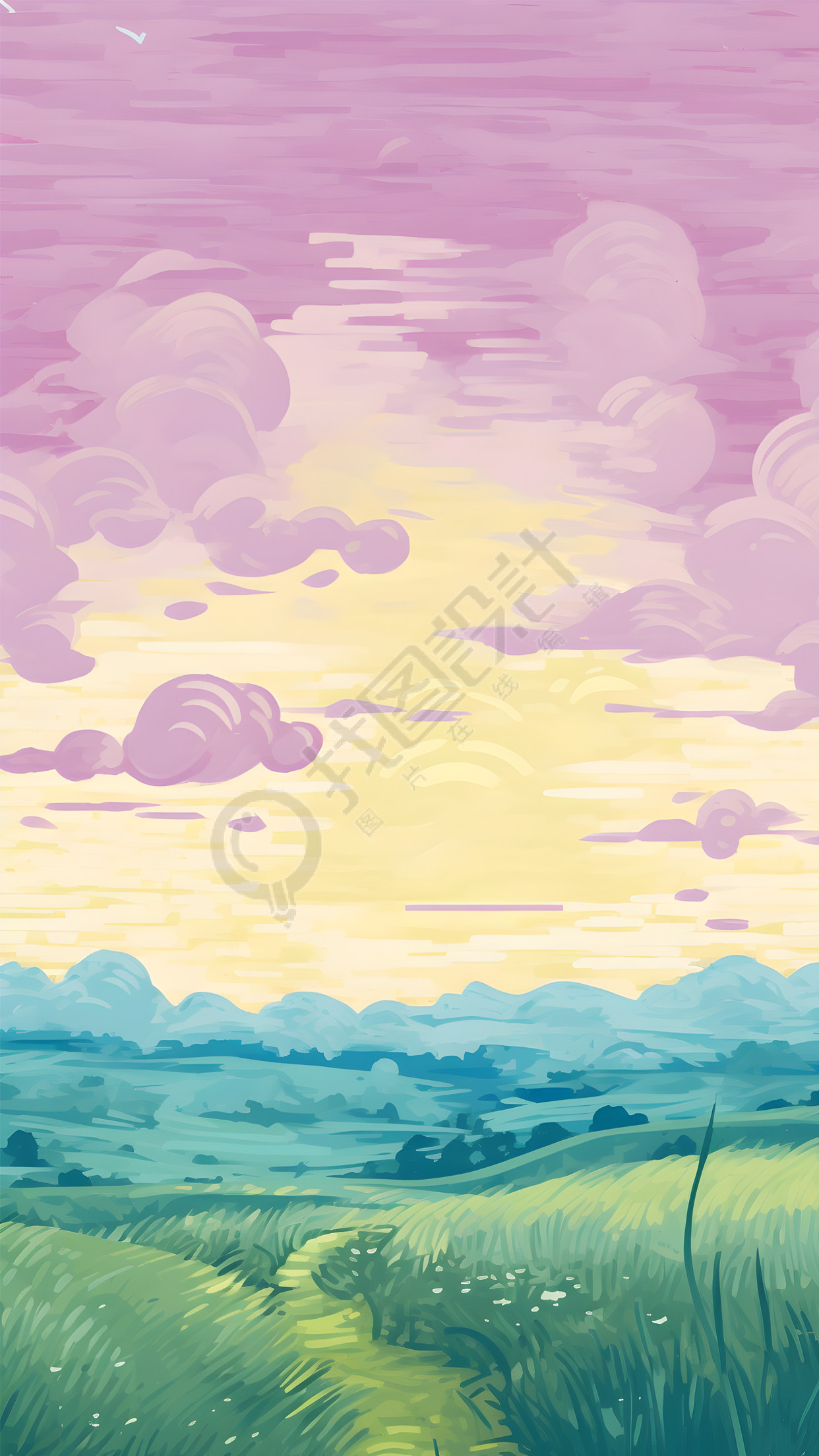手绘紫色天空云朵清新草地背景