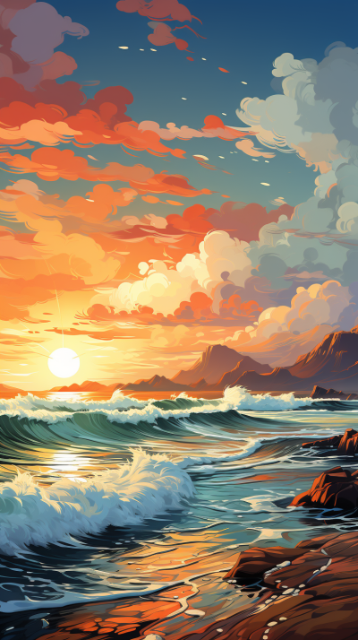 夕阳染红的云彩海边白色浪花背景