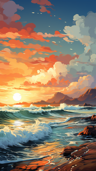 夕阳染红的云彩海边白色浪花背景