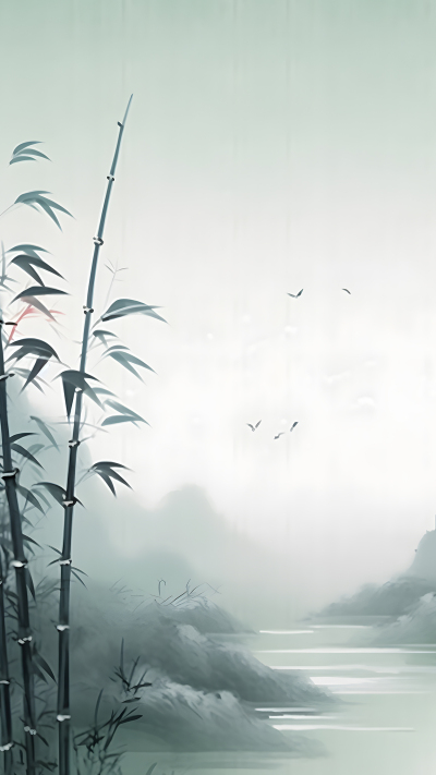 秋季水墨竹叶空中飞鸟背景