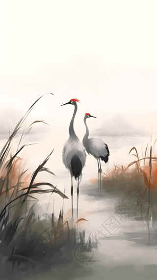 湿地中的水墨丹顶鹤背景