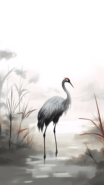 中国风丹顶鹤水中觅食背景