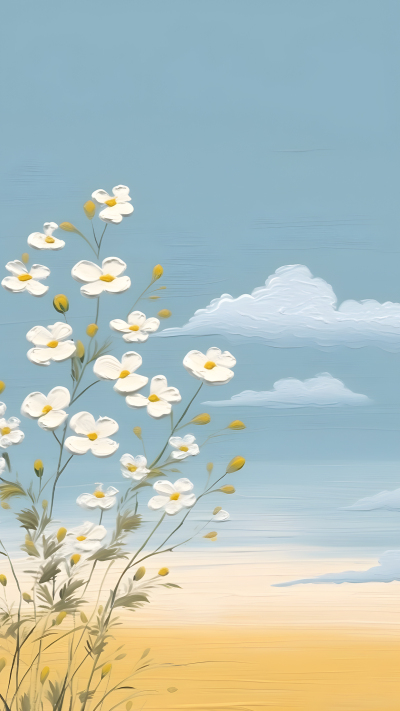 蓝天白云油画风格小白花背景