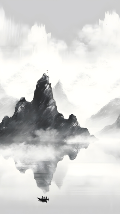 水墨画远山湖中小舟背景