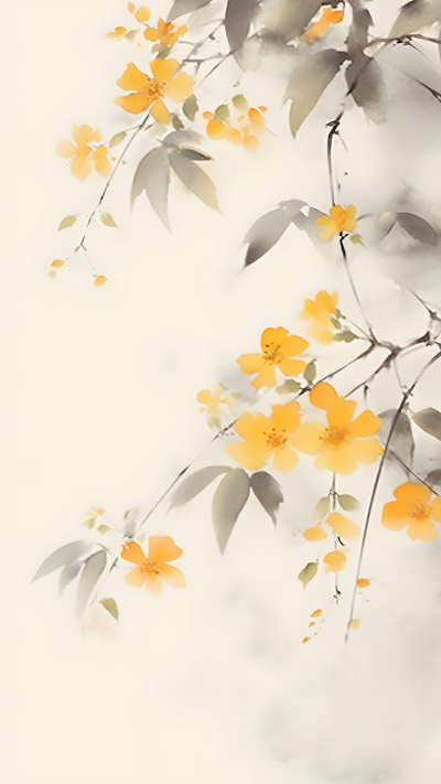 水墨叶片黄色花朵唯美背景