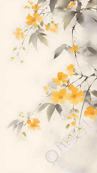 水墨叶片黄色花朵唯美背景