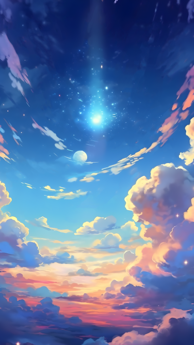 傍晚橙色天空几团白云浪漫背景