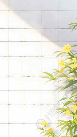 白瓷砖上的黄色小花背景