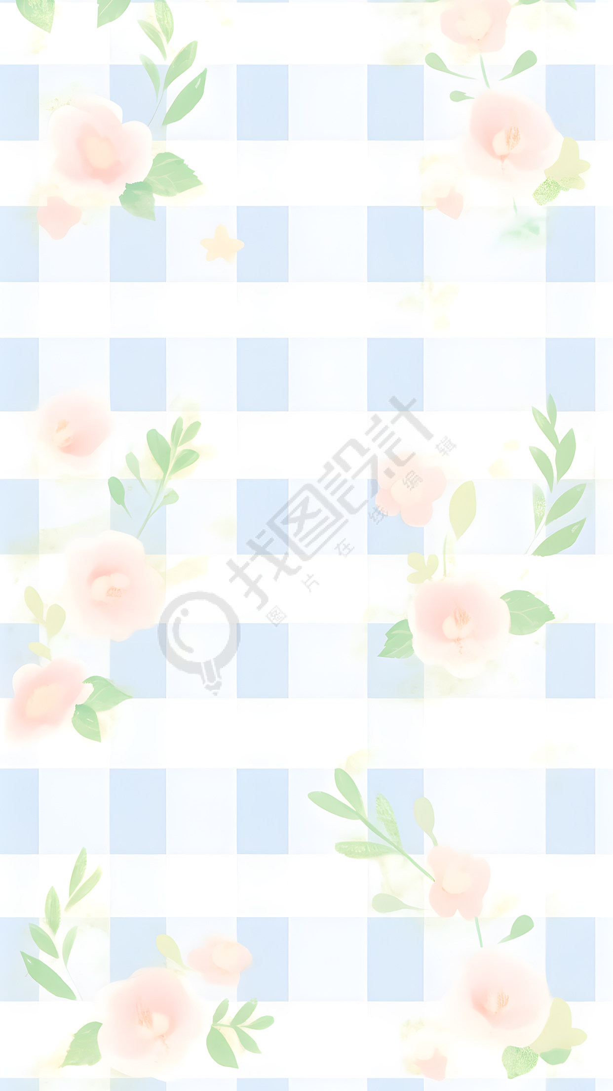 淡蓝色格子粉色鲜花背景