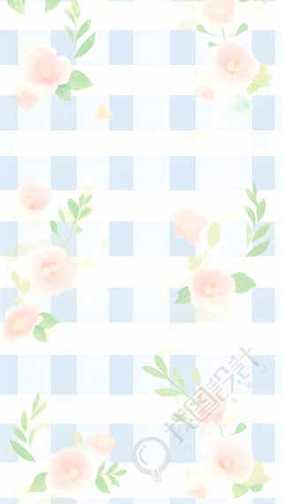 淡蓝色格子粉色鲜花背景