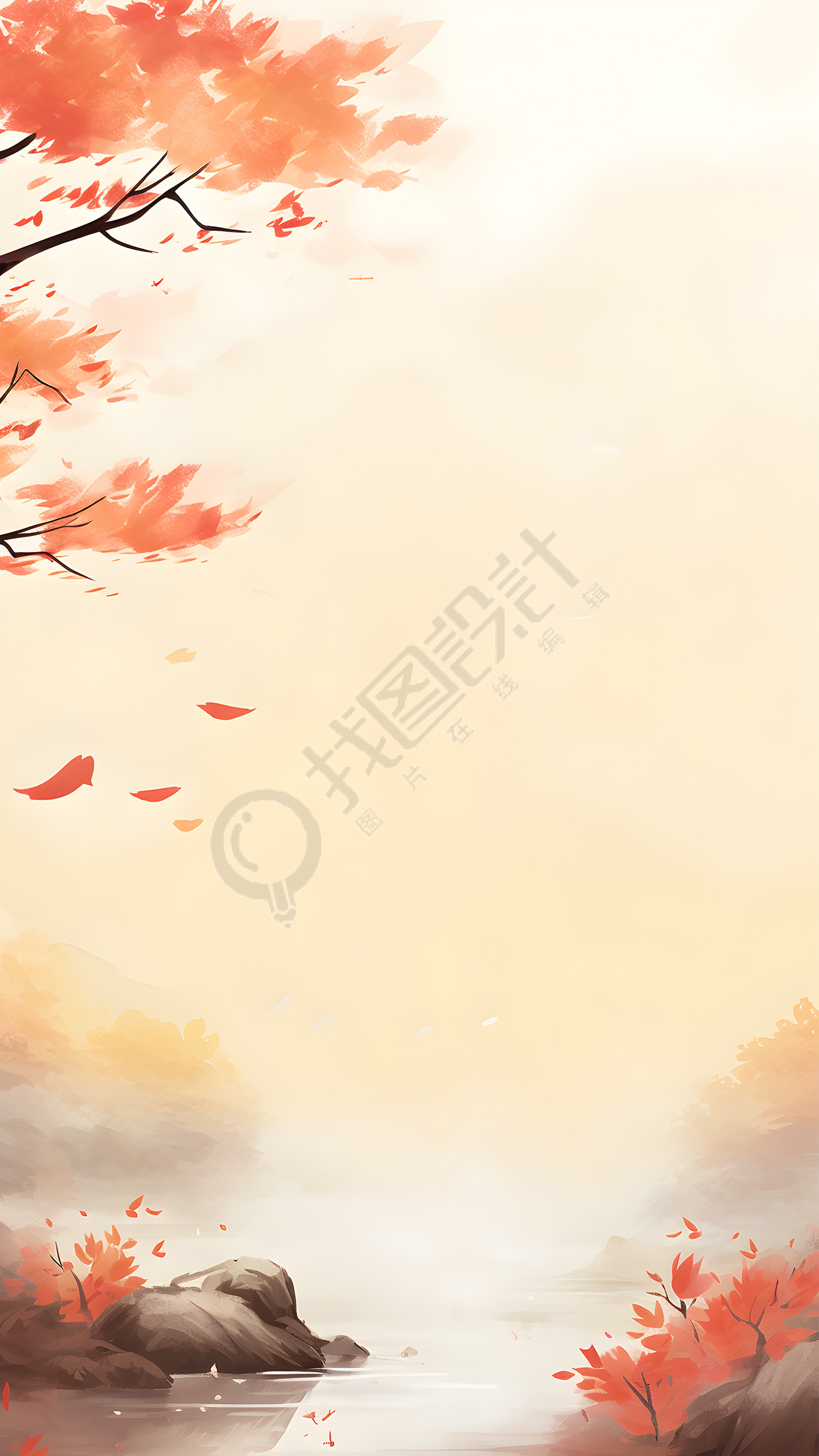 秋天红色枫叶水彩画背景
