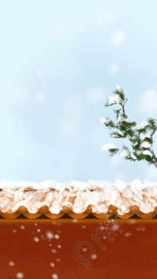 红色围墙绿色松枝唯美雪景背景