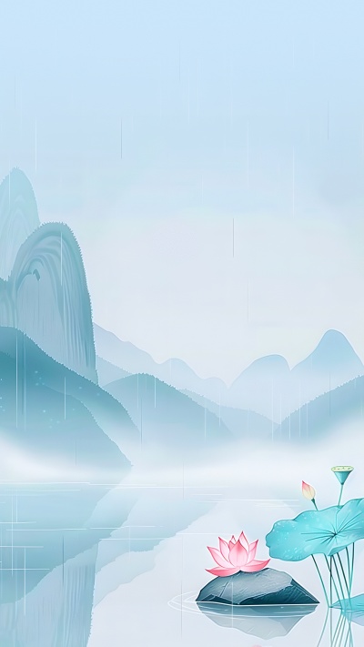 水墨远山唯美荷花背景