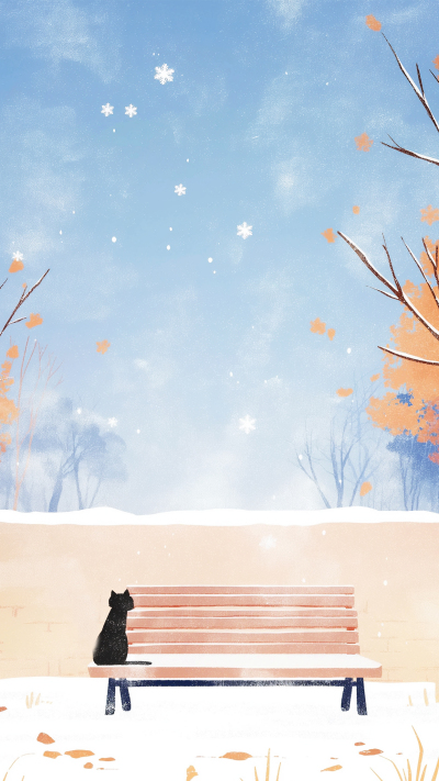 冬天公园长椅小黑猫背景