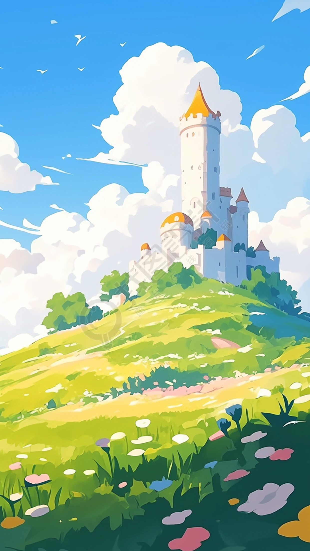 夏日城堡蓝天白云背景
