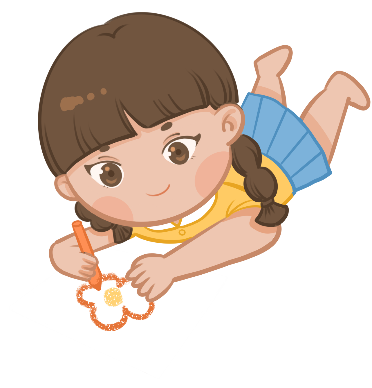 一个卡通可爱的小孩梳着小辫子在纸上绘画透明PNG素材