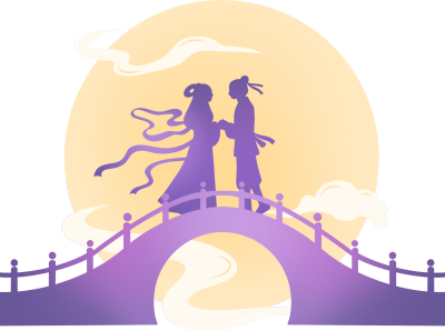 紫色鹊桥牛郎织女黄色圆月插画