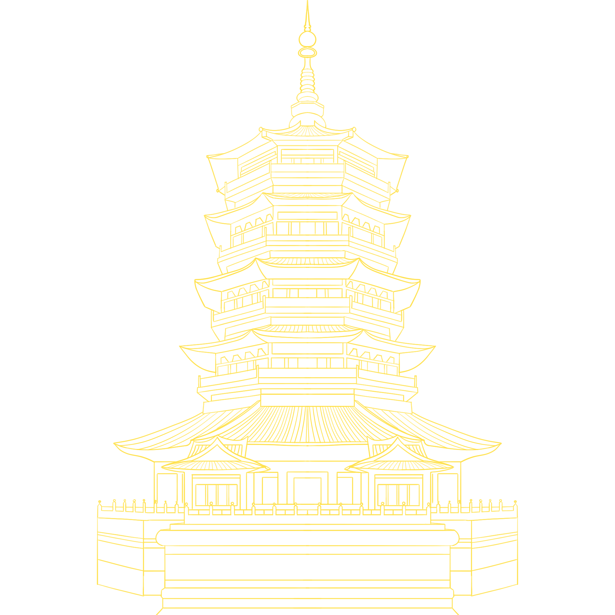 国潮手绘线条黄色古建筑图片