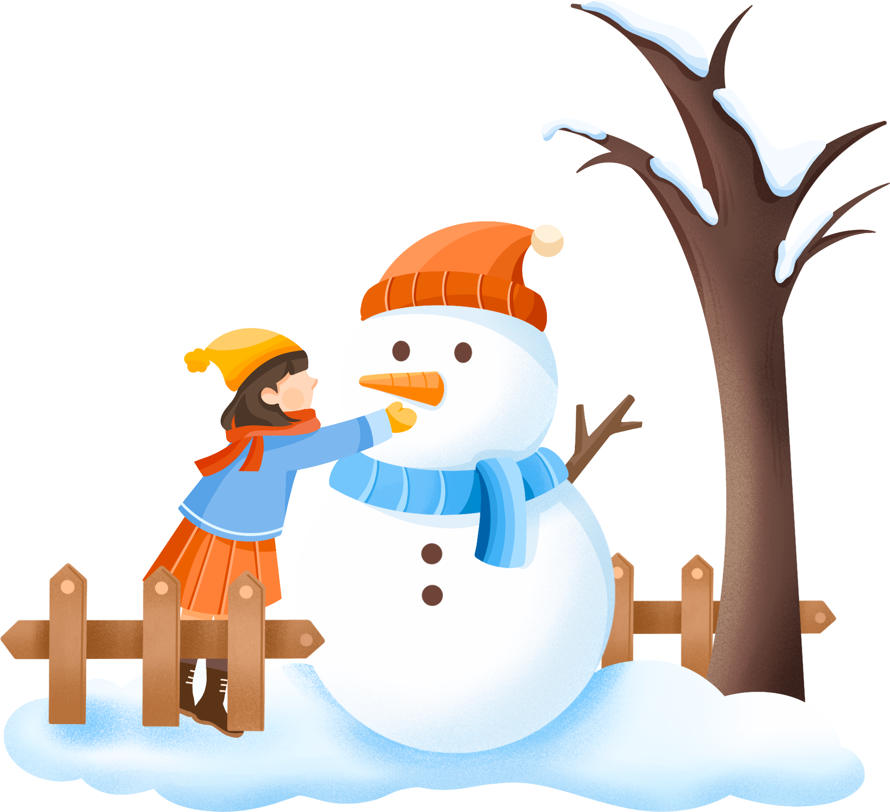 围栏女孩堆雪人图片素材视频怎样画?