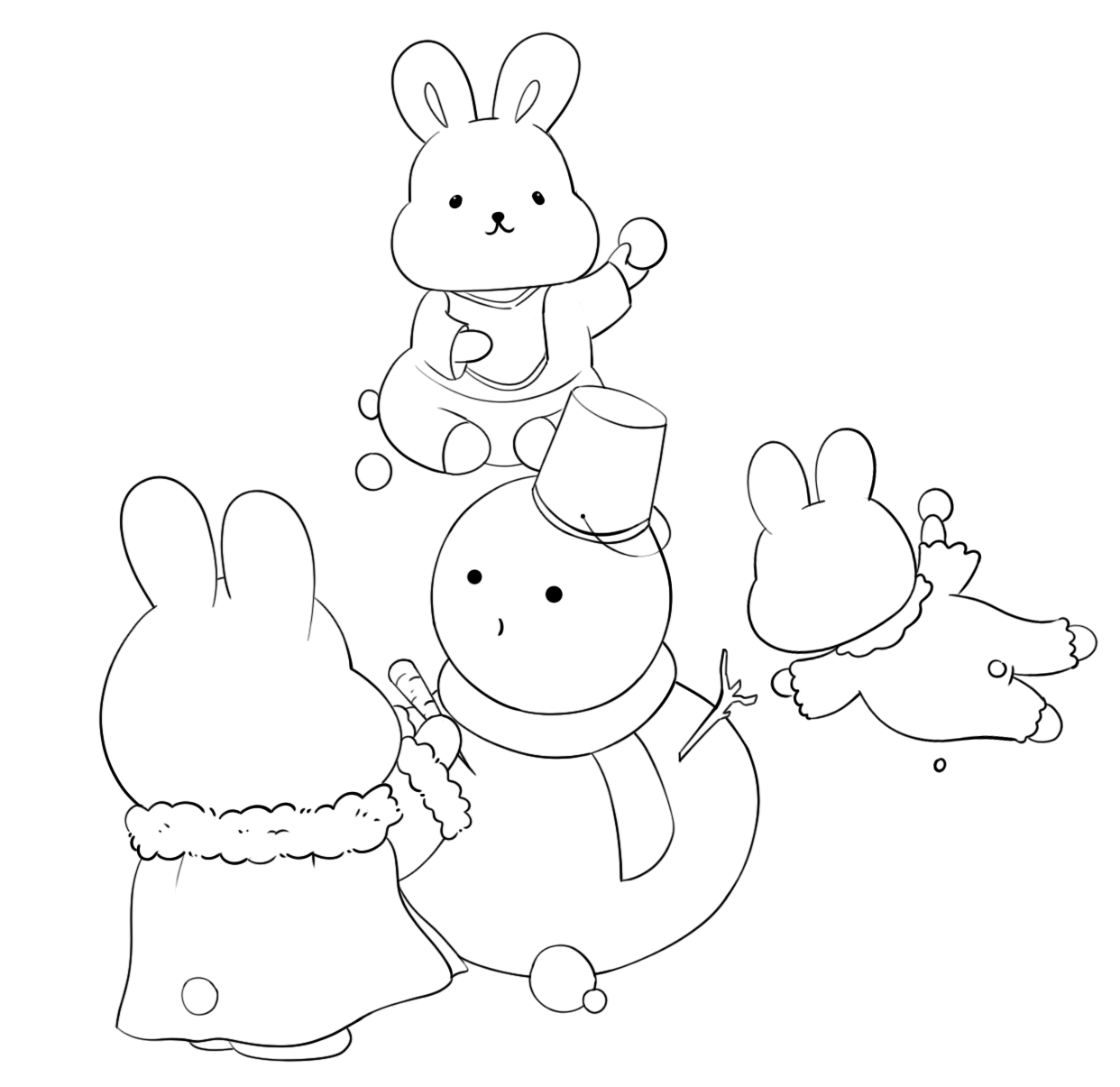小兔子打雪仗线稿图片