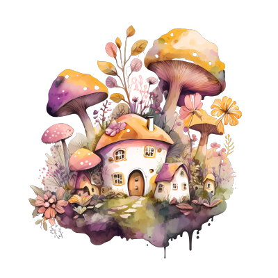 村庄蘑菇与黄粉紫花PNG图形素材