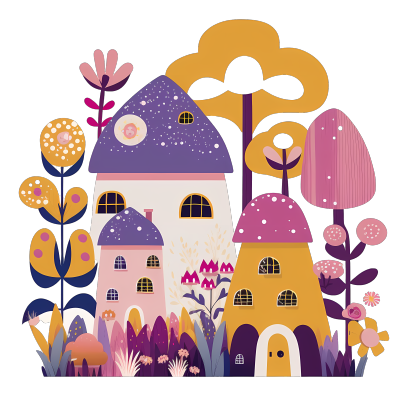 村庄蘑菇与黄粉红紫花，可爱欢快的边注设计图