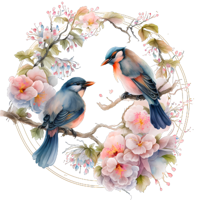 仙女般的粉色桃花与红嘴蓝鹊PNG图形素材