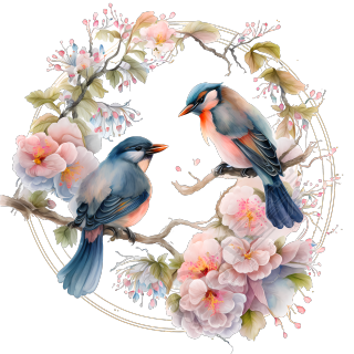 仙女般的粉色桃花与红嘴蓝鹊PNG图形素材