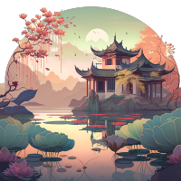Art Nouveau与精美画风的中国山水建筑PNG图形素材