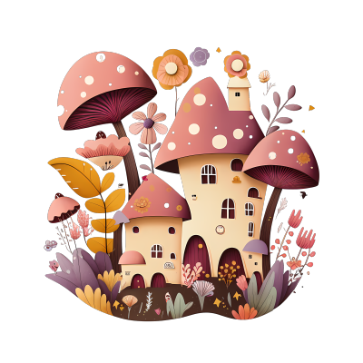 村庄蘑菇和黄粉紫花插图设计