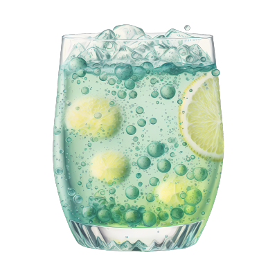 透明玻璃杯中的柠檬水，碧蓝色气泡纷飞