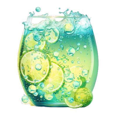 清新绿蓝色柠檬水透明玻璃杯气泡图形素材