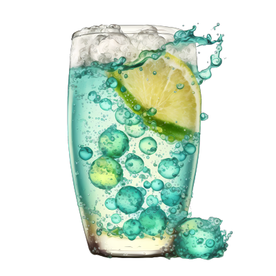 绿蓝色气泡柠檬水透明玻璃杯插画设计素材