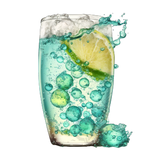 绿蓝色气泡柠檬水透明玻璃杯插画设计素材