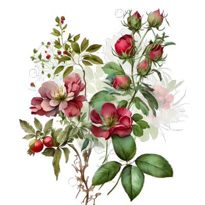 水彩风格白色背景野玫瑰和红色玫瑰果实图形素材