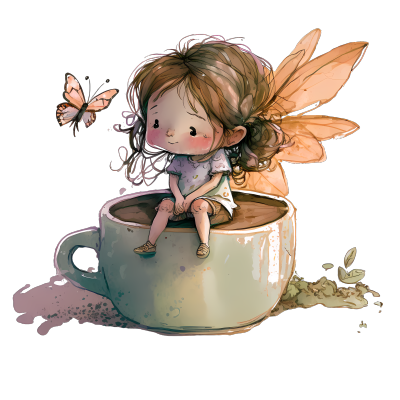 蝴蝶翅膀妹子坐在咖啡杯边缘PNG素材