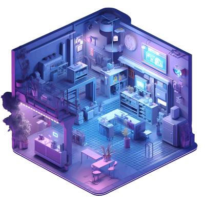 透明背景图形素材-蓝紫等色调的等轴投影科技房屋小店铺插画设计