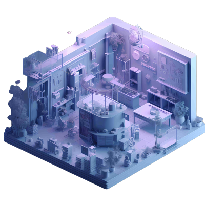 蓝紫色科技房屋小店，透明塑料材质的3D艺术设计元素