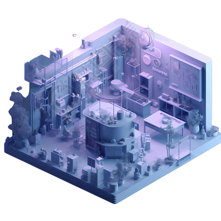 蓝紫色科技房屋小店，透明塑料材质的3D艺术设计元素