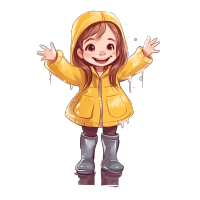 小女孩戴着黄色雨靴玩水，透视俯视图