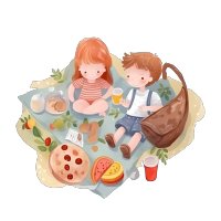可爱小男孩和女孩野餐，皮克斯动画风格幼儿园插画，俯视图，透明白色背景