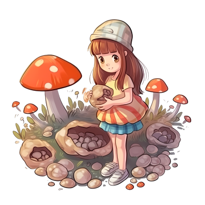 可爱小女孩在森林采蘑菇PNG插画设计