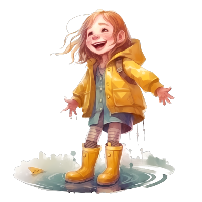 卡通小女孩戴黄色雨靴玩水